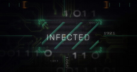 Infected text image over digital circuit board and binary code background