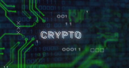 CRYPTO text image over binary code and circuit board graphics