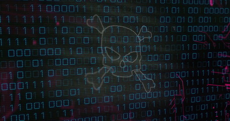 Binary code and skull with crossbones image, representing cybersecurity threat