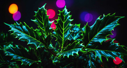 Neon green holly leaves glowing abstract background