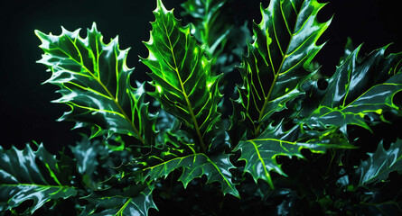 Neon green holly leaves glowing abstract background