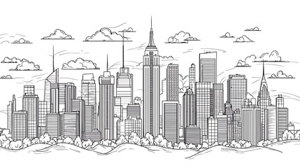 Obraz premium A black and white illustration of a city skyline captures skyscrapers, clouds, and trees in a detailed, hand-drawn sketch, blending urban beauty with artistic flair.