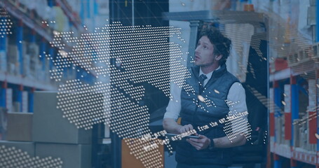 Image of data processing and world map over caucasian male worker in warehouse