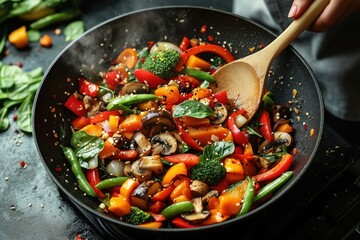 Stir-Fried Vegetables and Mushrooms in a Wok