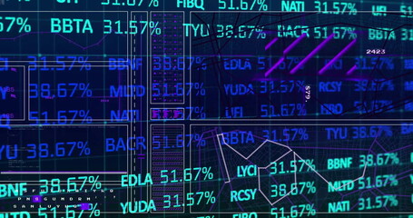 Image of financial data processing over grid on dark background