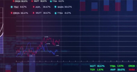 Image of financial data processing over grid on dark background