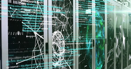 Data processing and network connections image over server racks in data center