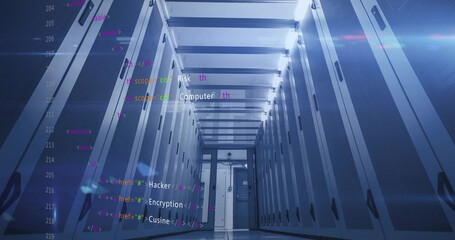 Computer code image over data center servers in hallway