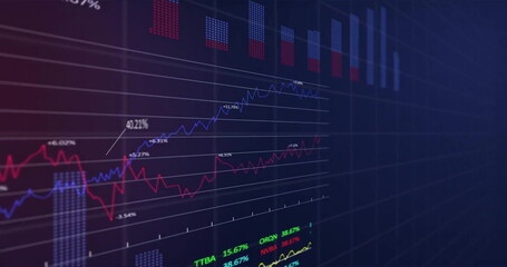 Image of financial data processing over grid on dark background