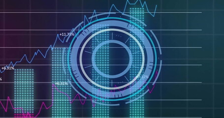 Image of financial data processing over grid on dark background