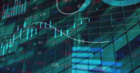 Image of financial data processing over office building