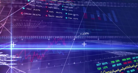 Image of financial data processing over grid on dark background