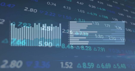 Image of financial data processing over grid on dark background