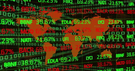 Image of financial data processing over world map on dark background