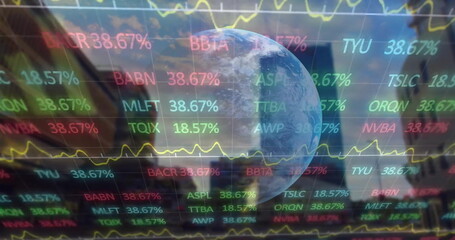 Image of financial data processing over globe and cityscape