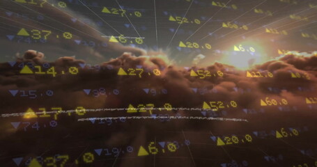Image of financial data processing over clouds background
