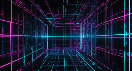 Obraz premium Neon tech grid with glowing connections abstract background