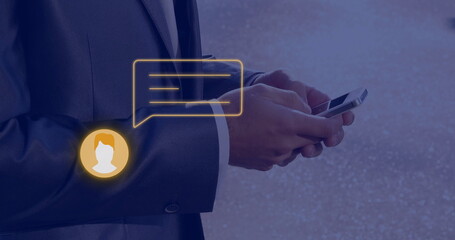 Image of media icons over caucasian businessman using smartphone