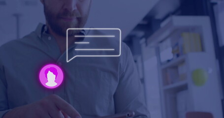 Image of media icons over caucasian man using tablet