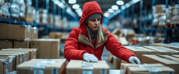 Naklejka premium A woman in a red jacket is sorting through boxes in a warehouse