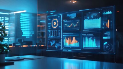 Obraz premium Innovative blue-tinted smart assistant with colorful interface features in a modern workspace