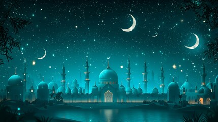 An illustration of a mosque in a desert town under a starry night sky with a crescent moon, illuminated by the soft glow of the moon and the stars.