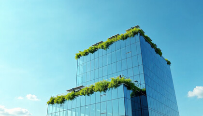 Sleek glass building with a green roof and solar panels exemplifying modern, sustainable design.






