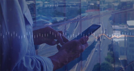 Image of diagrams and data processing over caucasian businessman using smartphone