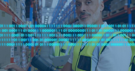 Image of data processing over caucasian male workers in warehouse