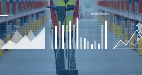 Image of diagrams over biracial female worker in warehouse