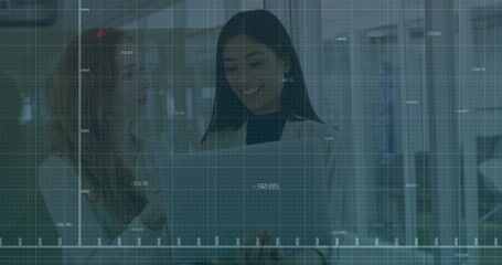 Image of financial data processing over diverse colleagues discussing work in office