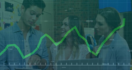 Image of financial data processing over diverse colleagues discussing work in office