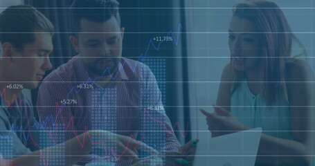 Image of financial data processing over diverse colleagues discussing work in office