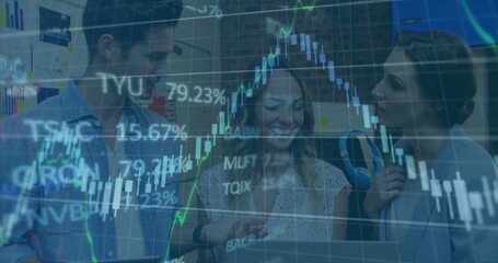 Image of financial data processing over diverse colleagues discussing work in office