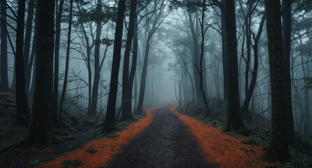 Obraz premium Pathway through spooky forest with mist background