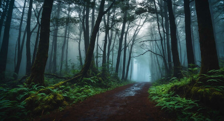 Obraz premium Pathway through spooky forest with mist background