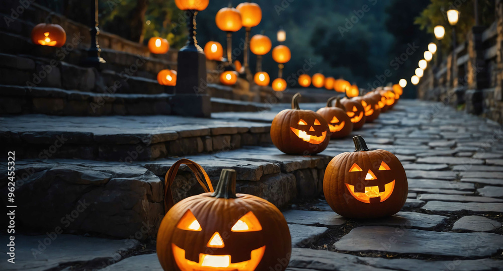 Wall mural Pumpkin lanterns lining stone pathway background