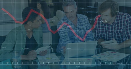 Image of financial data processing over diverse colleagues discussing work in office