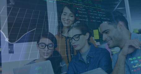 Image of financial data processing over diverse colleagues discussing work in office