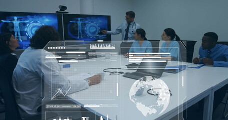 Image of financial data processing over diverse business people in office