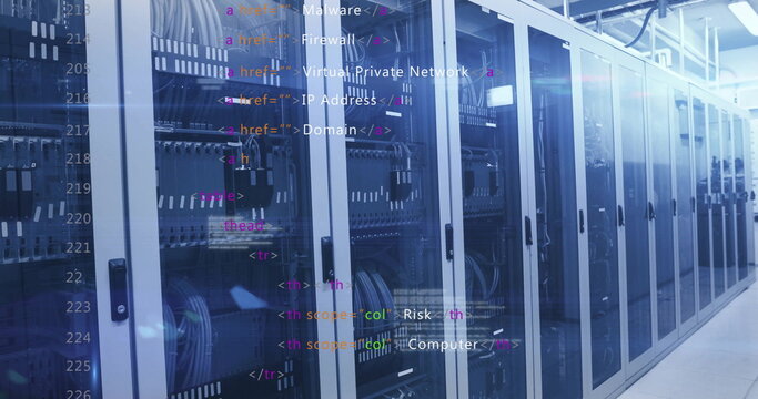 HTML code image over server racks in data center - Powered by Adobe