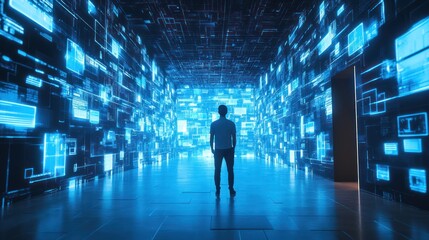Obraz premium Man Walking Through Digital Tunnel