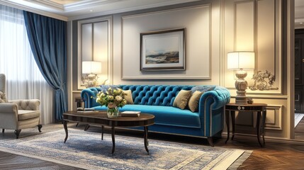 Fototapeta premium Luxurious Living Room with Blue Velvet Sofa and Classic Decor