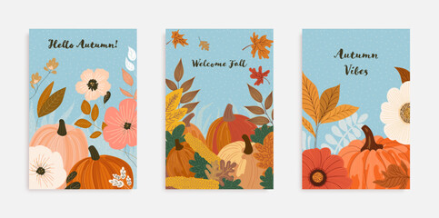 Autumn Greeting Card set . Beautiful autumn cards with pumpkins, leaves and flowers. Autumn Vibes
