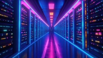 Fototapeta premium Modern data center with glowing blue and multi-colored server racks and futuristic technology