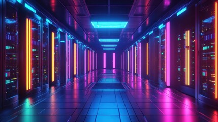 Fototapeta premium Modern data center with glowing blue and multi-colored server racks and futuristic technology