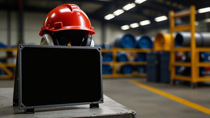 helmet sign safety factory industry monitor add text blank