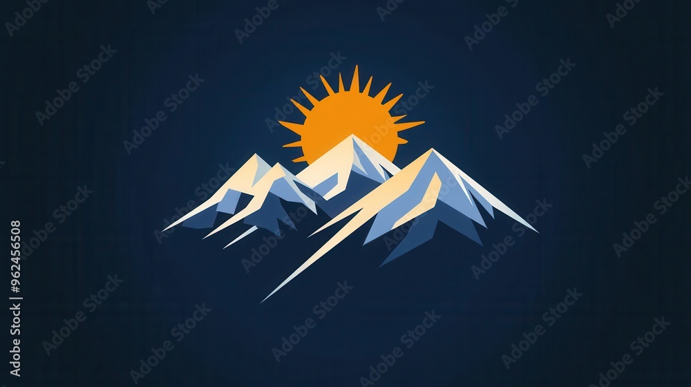 Poster The design showcases a serene representation of snow-capped mountains with a vibrant sun rising behind them, evoking tranquility. Generative AI