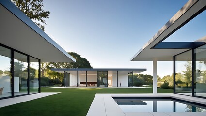 Fototapeta premium Modern Architectural Masterpiece Featuring Sleek Glass Walls, Bold Lines, and Open Outdoor Spaces
