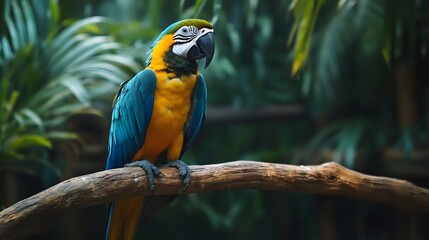 Obraz premium Blue and Yellow Macaw in Nature, Realistic Photo, Texture, Pattern Background, Wallpaper, Cover and Screen for Smartphone, PC, Laptop, 9:16 and 16:9 Format